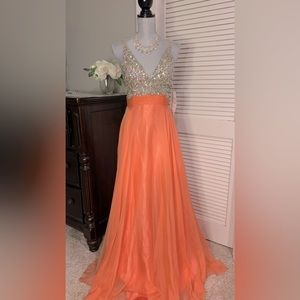 NEW Neon Bright Peach rhinestone embellished long elegant gown